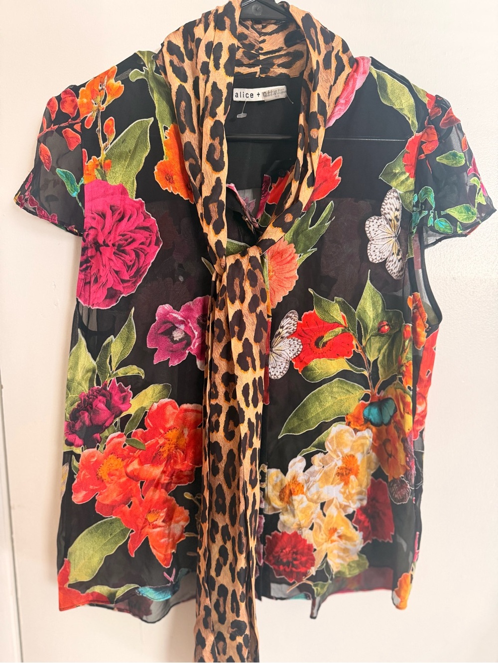 Alice + Olivia Black Sheer Floral Blouse with Leopard Scarf